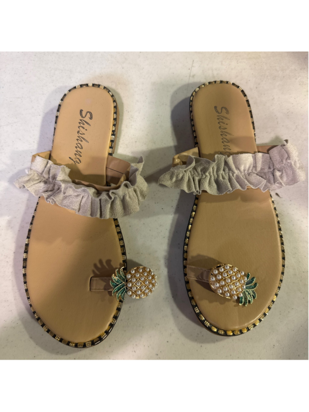 Women's Shishang Sandals Size 9 Beige Gold Pineapple Embellished